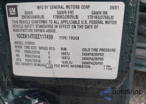 2002 Chevrolet Silverado 1500 Ls из США, поврежденный, VIN 1GCEK14T02Z117439